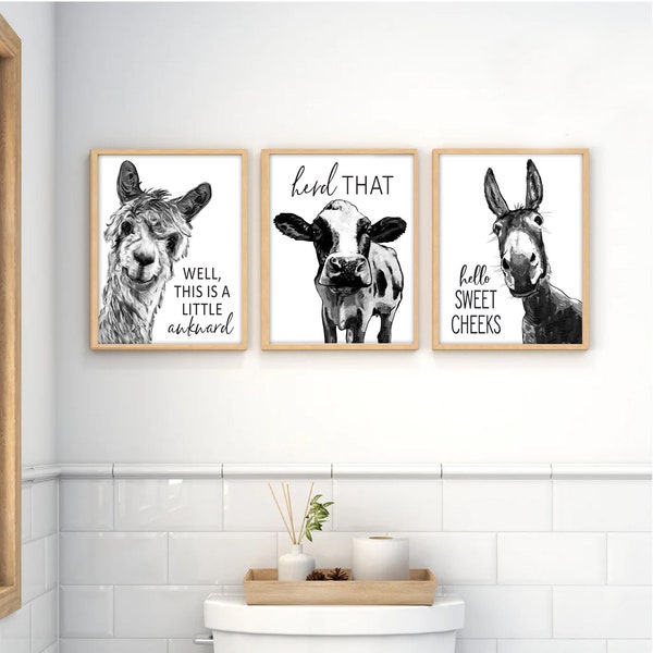 Set of 3 Funny Bathroom Art Llama Cow Donkey, Black & White Bathroom Wall Decor | Farmhouse Bathroom | Print, Framed Print or Canvas Sign