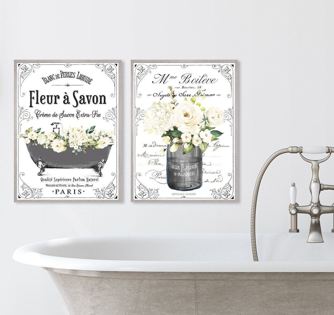 Set of 2 Black and White French Bathroom Wall Art French Etsy