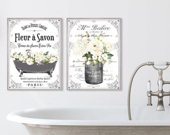 Franse bloemen badkamer muurkunst set, bord met boerderijafdrukken Parijs
