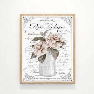 French Wall Art, Parisian Antique Rose Country Kitchen Bathroom Decor Sign, Fleurs Print Frame, Natural Botanical Paris Vintage Painting
