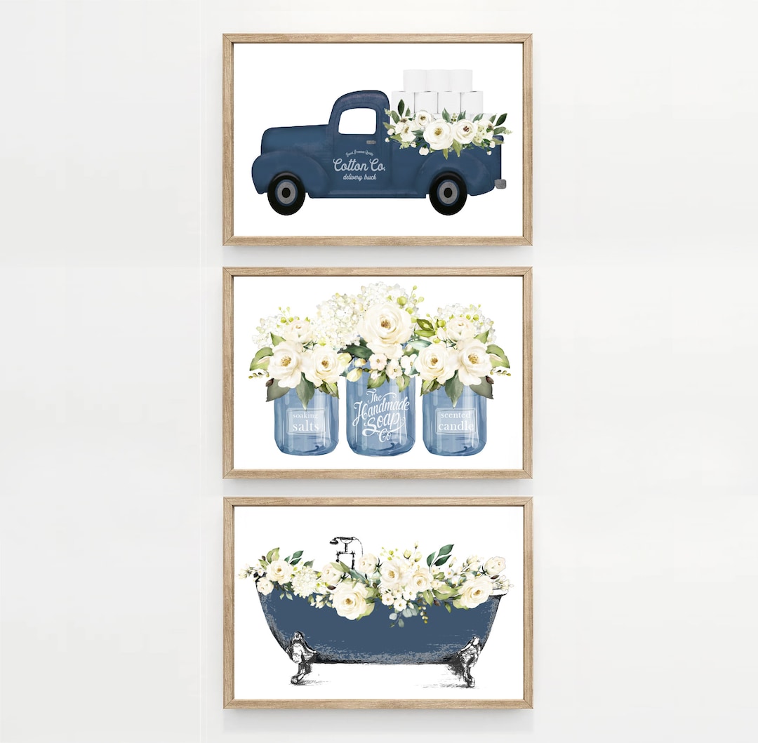 Set of 3 HORIZ Navy Blue Bathroom Wall Art Cotton Co Truck Bathroom