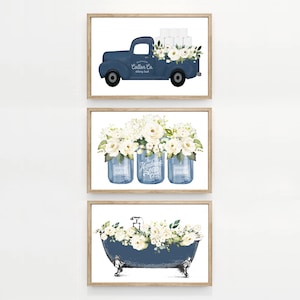 Set of 3 HORIZ Navy Blue Bathroom Wall Art Cotton Co Truck Bathroom Wall Decor | Farmhouse Bathroom | Print, Framed Print or Canvas Sign