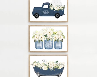 Navy Blue Floral Bathroom Wall Art, Farmhouse Decor Set: Print, Framed Print, Canvas Sign