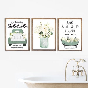 Set of 3 Subtle Green Bathroom Wall Art Cotton Co Bathroom Wall Decor | Vintage Farmhouse Bathroom Decor | Print, Framed Print, Canvas Sign