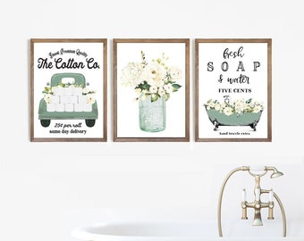 Set di decorazioni murali per il bagno verde chiaro, stampe decorative in stile fattoria color salvia, stampe incorniciate, insegne su tela