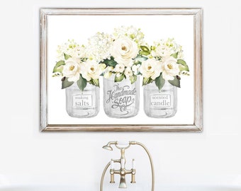 White Floral White Mason Jar Bouquet Trio Bathroom Wall Art, Flower Vase Bath Room Decor | Available as Print, Framed Print or Canvas Sign