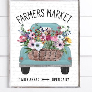 Bauern Markt LKW Blumen Wand Dekor | Sommer Frühling Kunst | 4.Juli | Druck, gerahmter Druck oder Canvas Sign