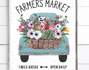 Farmers Market Truck Flowers Wall Decor | Summer Spring Art | 4th of July | Print, Framed Print or Canvas Sign