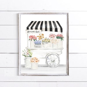 Bloemenbarwagen aquarel illustratie wanddecoratie | Kunst met lente- of zomerthema | Bord afdrukken, ingelijste print of canvas