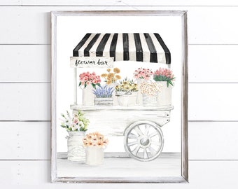 Flower Bar Cart Watercolor Print | Spring Summer Wall Decor