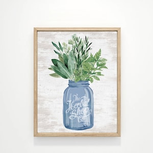 Kräuterstrauß Kräuterseife Co Einmachglas Marineblau Küche Wandkunst | Bauernhaus-Wand-Dekor | Druck, gerahmter Druck oder gewickeltes Schild