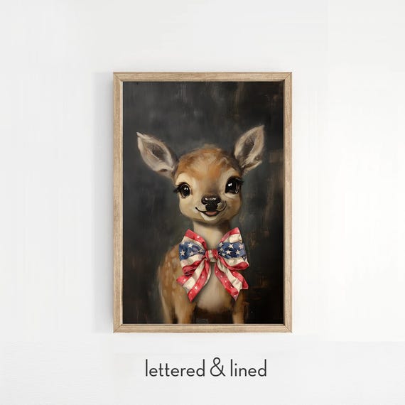 Cute Patriotic Deer Print, Fourth of July Whimsical Fawn Wall Art, Reindeer Americana Printable, Summer BBQ Picnic Host Hostess Gift HFT80