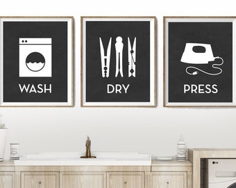 Set of 3 Wash Dry Press Laundry Wall Art | Laundry Wall Decor | Farmhouse Laundry Room | Available as Print, Framed Print or Canvas Sign