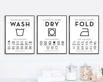 Set of 3 Wash Dry Fold Laundry Symbols Guide Wall Decor | Laundry Wall Art | Laundry Room | Available as Print, Framed Print or Canvas Sign