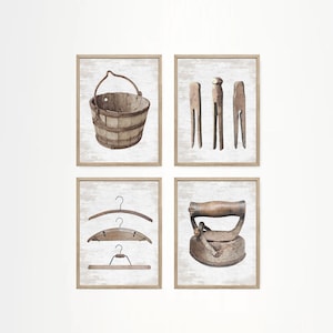 Laundry Wall Decor Art | Laundry Washbin Clothespin Hanger Iron Set of 4 | Vintage Farmhouse Laundry Room | Print, Framed Print, Canvas Sign