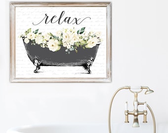 Relax Black Clawfoot Tub White Floral Bathroom Wall Art, Vintage Soak Unwind Classic Traditional Decor | Print, Framed Print or Canvas Sign