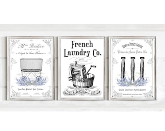 Set of 3 French Laundry Lavender Prints - 4 Backgrounds (no frames) France Paris Laundry Room Buanderie La Blanchisserie Art Sign Decor