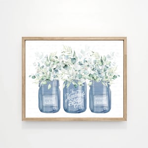 Bathroom Wall Art Custom Decor, Eucalyptus Bouquet Trio Navy Blue Jars Sign, Relax Soak Unwind Print Framing, Original by Lettered & Lined