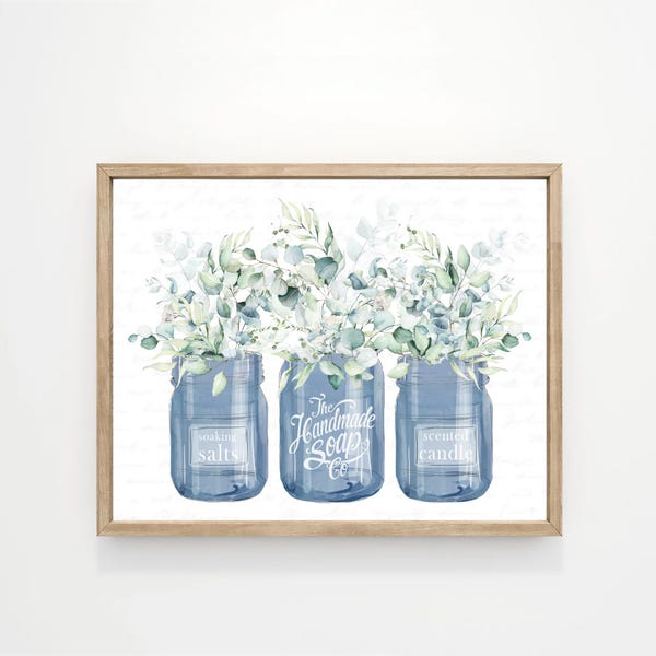 Eucalyptus Bouquet Bathroom Wall Art, Navy Blue Mason Jars (Print, Framed Print, Canvas Sign)