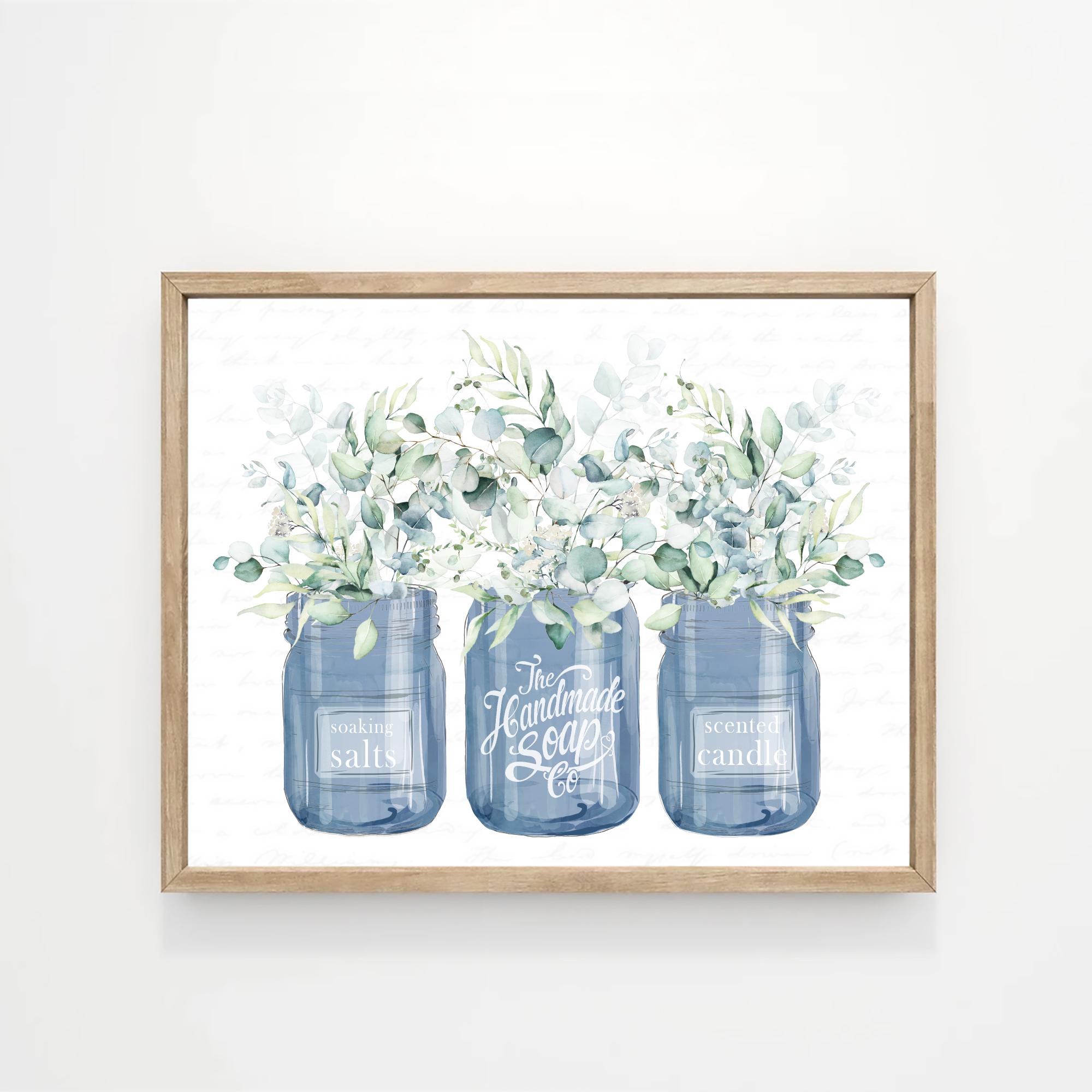 Bathroom Wall Art Custom Decor, Eucalyptus Bouquet Trio Navy Blue Jars Sign, Relax Soak Unwind Print Framing, Original by Lettered & Lined