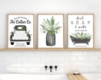 Farmhouse Botanical Bathroom Set of 3 Wall Art | Greenery Prints, Powder Room Decor