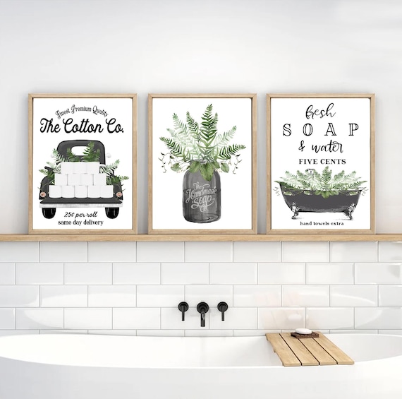 Farmhouse Botanical Bathroom Set of 3 Wall Art | Greenery Prints, Powder Room Decor