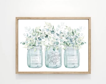 Eucalyptus Blue Mason Jar Labels Trio | Turquoise Aqua Green Bouquet Bathroom Wall Art | Available as Print, Framed Print or Canvas Sign