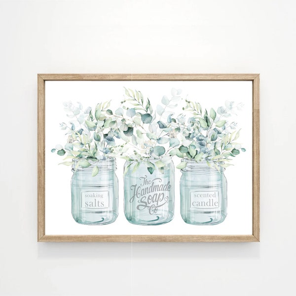 Eucalyptus Blue Mason Jar Labels Trio | Turquoise Aqua Green Bouquet Bathroom Wall Art | Available as Print, Framed Print or Canvas Sign