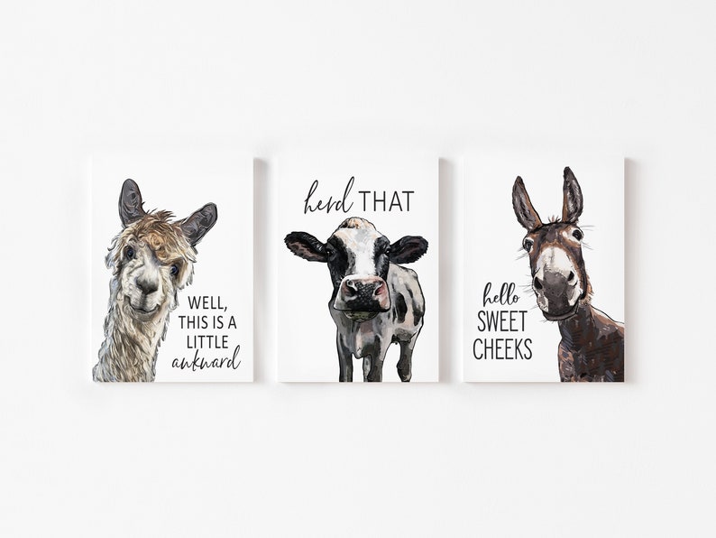 Set of 3 Custom Bathroom Art: Llama, Cow, & Donkey Animal Bathroom Wall Decor Farmhouse Bathroom Vintage Wall Art Bathroom Sign image 2