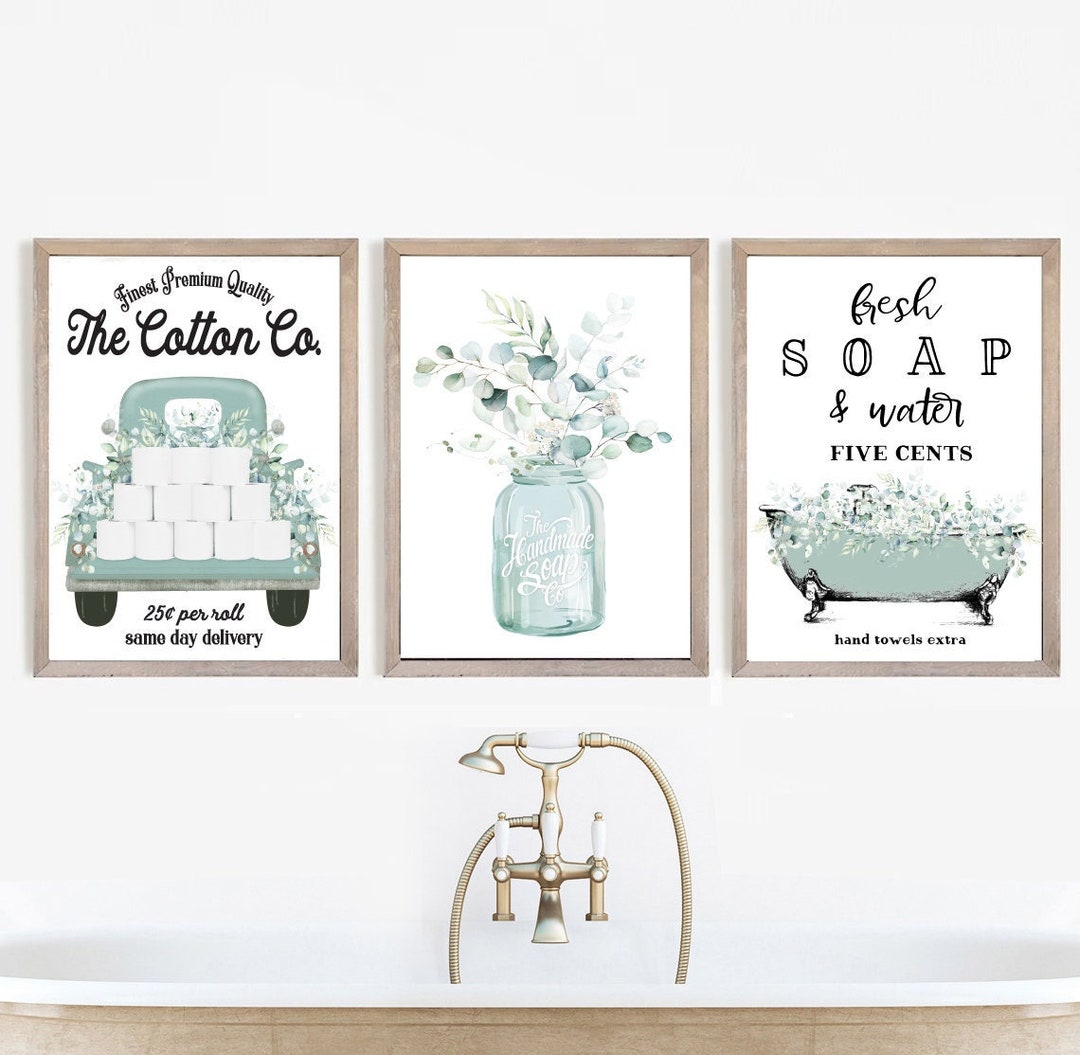 Set of 3 Blue Eucalyptus Cotton Co Bathroom Wall Art | Bathroom Wall ...