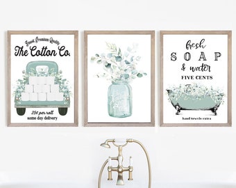 Set of 3 Blue Eucalyptus Cotton Co Bathroom Wall Art | Bathroom Wall Decor | Farmhouse Bathroom Decor | Print, Framed Print or Canvas Sign