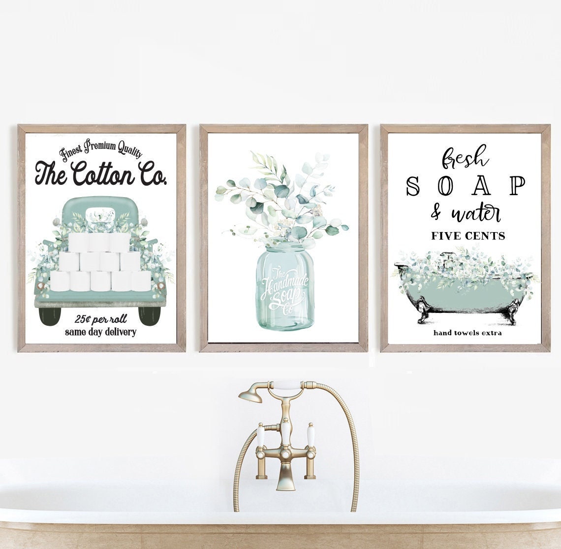 Set of 3 Blue Eucalyptus Cotton Co Bathroom Wall Art | Bathroom Wall Decor | Farmhouse Bathroom Decor | Print, Framed Print or Canvas Sign