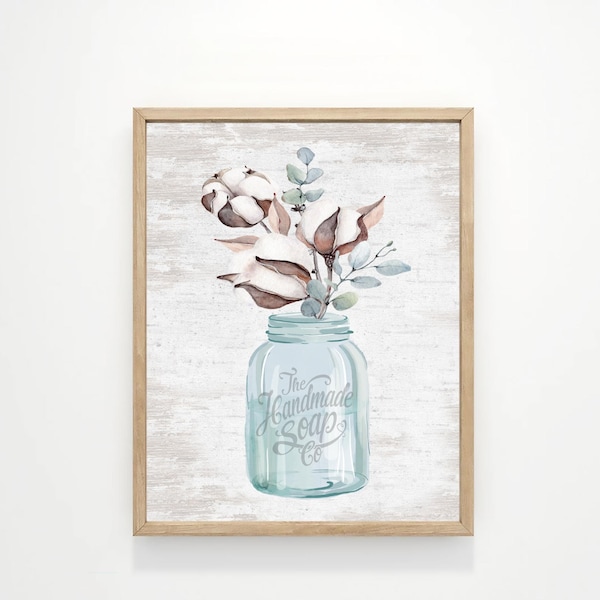 Cotton Eucalyptus Bouquet Bathroom Wall Art, Blue Jar | Bathroom Wall Decor | Blue Tan Farmhouse Decor | Print, Framed Print or Canvas Sign