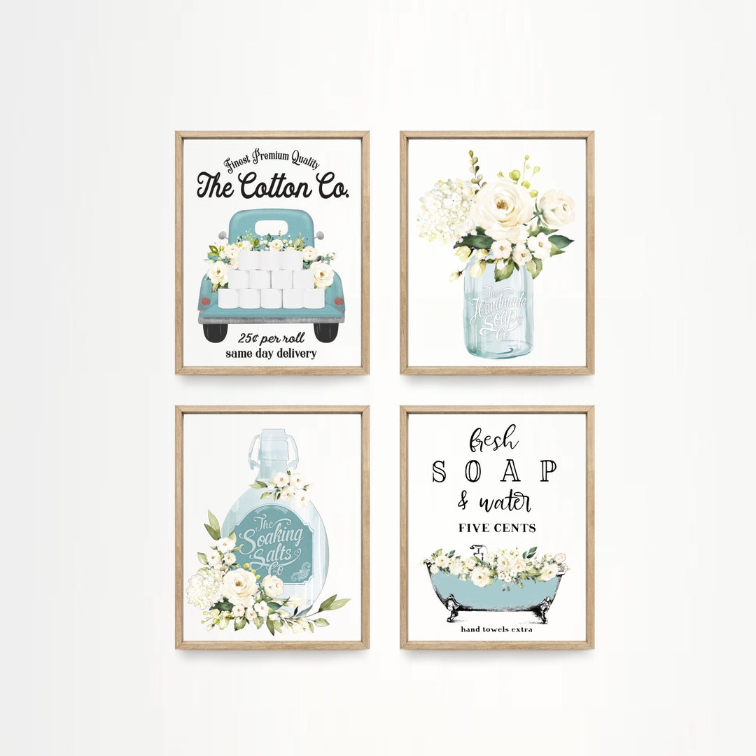 Set of 4 Blue Bathroom Wall Art Cotton Co Bathroom Wall Decor ...