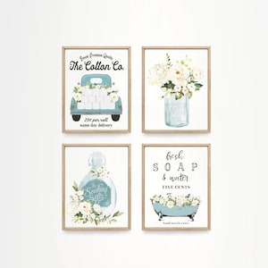 Set of 4 Blue Bathroom Wall Art Cotton Co Bathroom Wall Decor | Farmhouse Bathroom Decor | Print, Framed Print or Canvas Sign