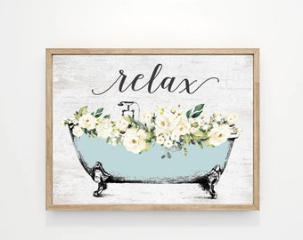 Relax Blue Clawfoot Floral Bathtub Bathroom Wall Art | Turquoise Aqua Bathroom Wall Decor | Spa Decor | Print, Framed Print or Canvas Sign