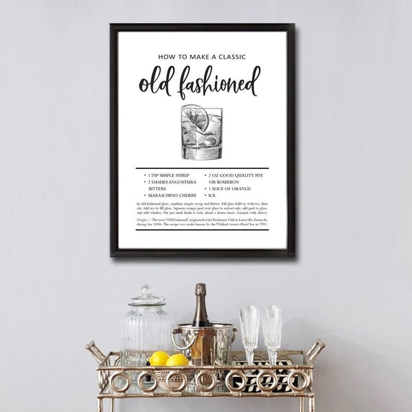 Old Fashioned: How To Make A Classic Cocktail Print - 3 Backgrounds (no frame) Bar Cart Drink Barcart Recipe Wall Decor Poster Sign Guide