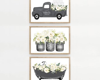 May include: Three framed prints with a farmhouse theme. The top print shows a gray truck carrying rolls of paper and flowers. The middle print features three jars of flowers. The bottom print shows a clawfoot tub filled with flowers.