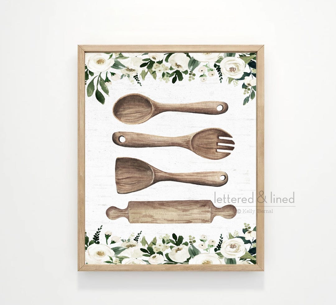 kitchen art personalized prints - utensils, cups,... Custom Kitchen Wall Art Decor, Cooking Baking Sign, Floral Flower Wood ...