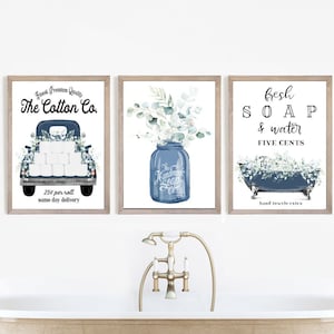 Set of 3 Navy Eucalyptus Bathroom Wall Art Cotton Co Bathroom Wall Decor | Blue Farmhouse Bathroom | Print, Framed Print or Canvas Sign