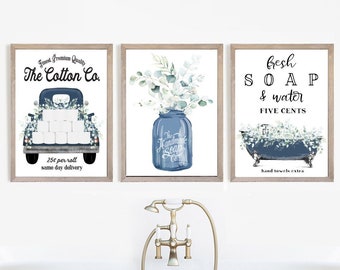 Set of 3 Navy Eucalyptus Bathroom Wall Art Cotton Co Bathroom Wall Decor | Blue Farmhouse Bathroom | Print, Framed Print or Canvas Sign