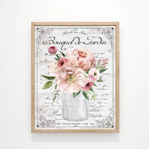 French Wall Art, Parisian Garden Bouquet Country Kitchen Bathroom Decor Sign, Flowers Print Frame, Natural Botanical Paris Vintage Painting