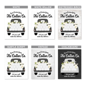May include: Six digital printable designs for a toilet paper business. Each design features a black truck with white toilet paper rolls in the back. The designs are in different styles: white, white willow, distressed birch, subtle script, vintage, and chalkboard.
