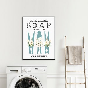 Laundry Room Art Wall Decor | Washing Soap Floral Blue Clothespins | Turquoise Aqua Vintage Farmhouse | Print, Framed Print or Canvas Sign