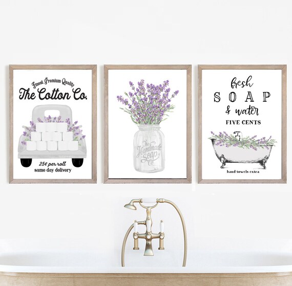 Set of 3 White With Lavender Bathroom Wall Art the Cotton Co Etsy