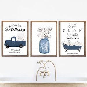 Navy Farmhouse Bathroom Art Set | Cotton Truck, Soap Tub Prints