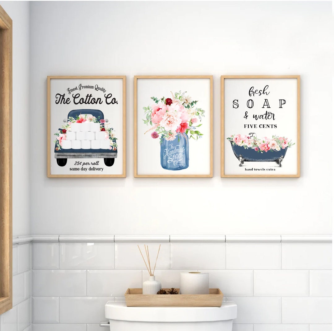 Set of 3 Navy Blue Wild Garden Bathroom Wall Art Cotton Co Bathroom