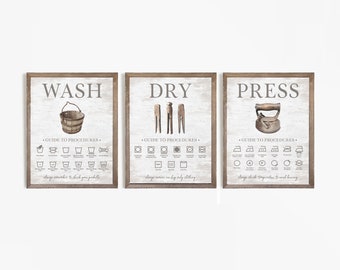Laundry Room Wall Decor Art | Wash Dry Press Clothing Symbols Set of 3 | Functional Laundry Guide | Print, Framed Print or Canvas Sign