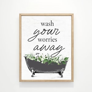 Custom Bathroom Art | Wash Your Worries Away Black Clawfoot Tub Greenery | Bathroom Wall Decor | Bathtub Art | Print, Framed Print, Canvas