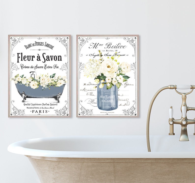 Set of 2 Navy French Bathroom Wall Art French Bathroom Decor Etsy